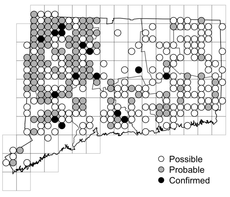 A map of Connecticut showing Turkey Vulture breeding activity in 1982-1986