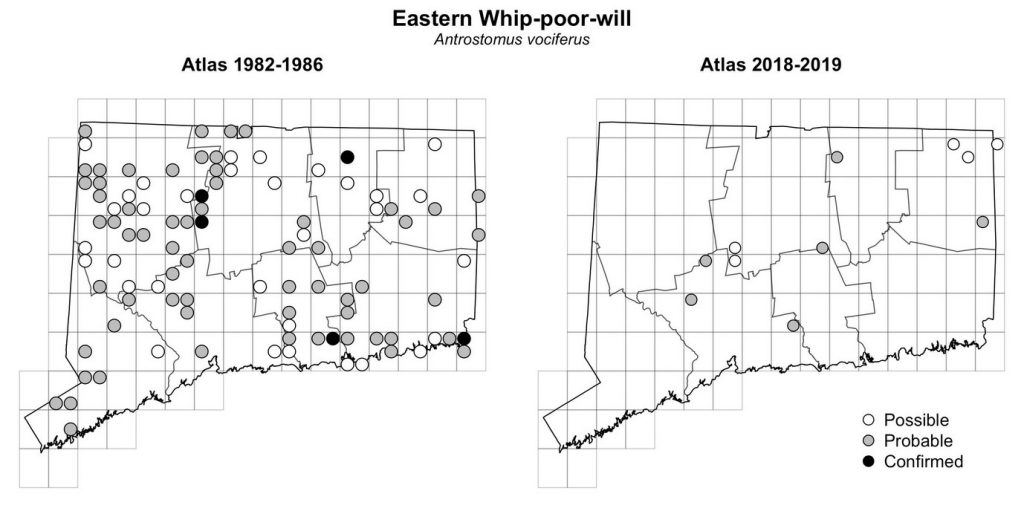 Maps of Connecticut showing a comparison of breeding data for Eastern Whip-poor-will from atlas surveys in 1982-1986 and 2018-2019