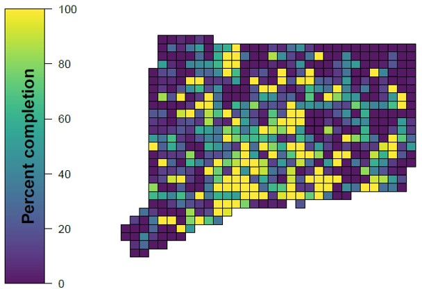 Map of Connecticut showing atlas blocks by percent completion for early winter surveys as of March 2020