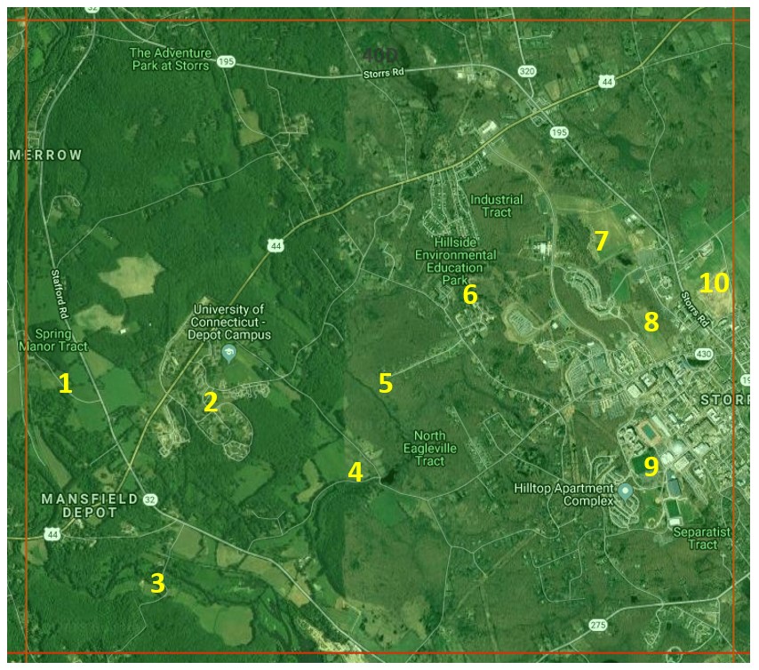 A map showing ten winter survey sites in one atlas block (40D, Storrs)