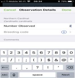 Screenshot displaying breeding codes on eBird's mobile interface