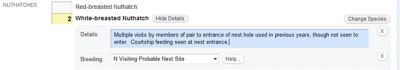 Screenshot showing sample eBird comments for "Visiting Probable Nest Site" observation