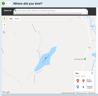 Map displaying a sample eBird pin for an inland waterbody survey.